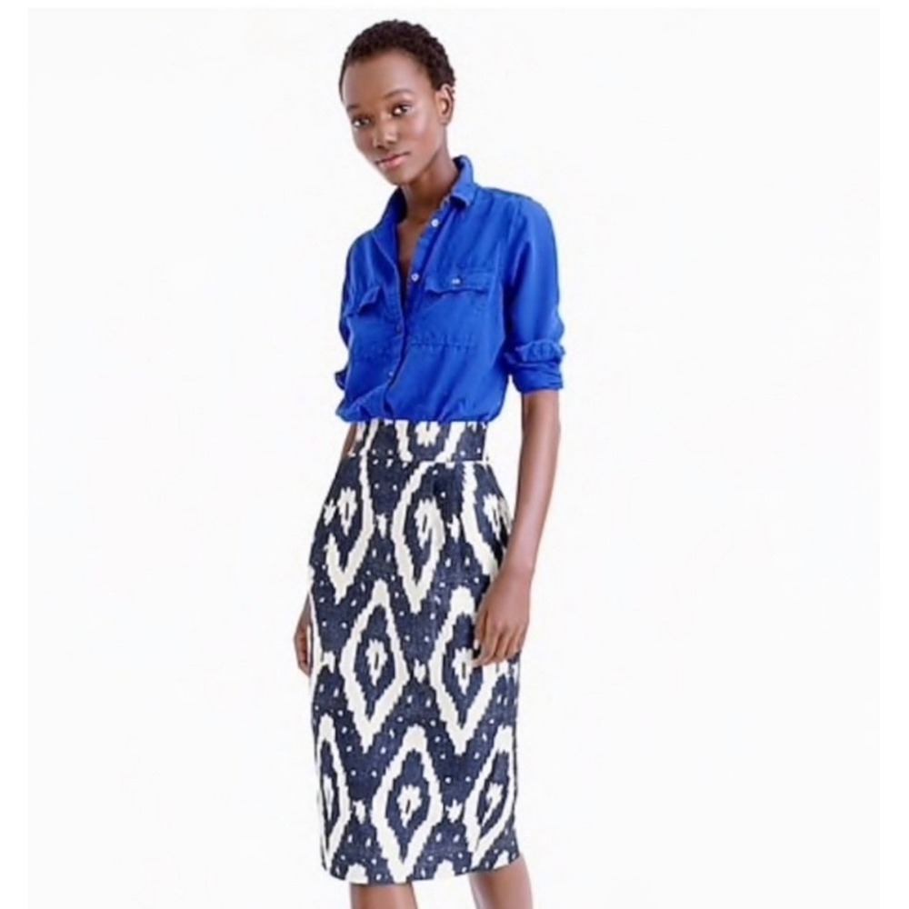 J.Crew Navy White Ikat Diamond Silk Cotton Pencil Skirt Pockets 00